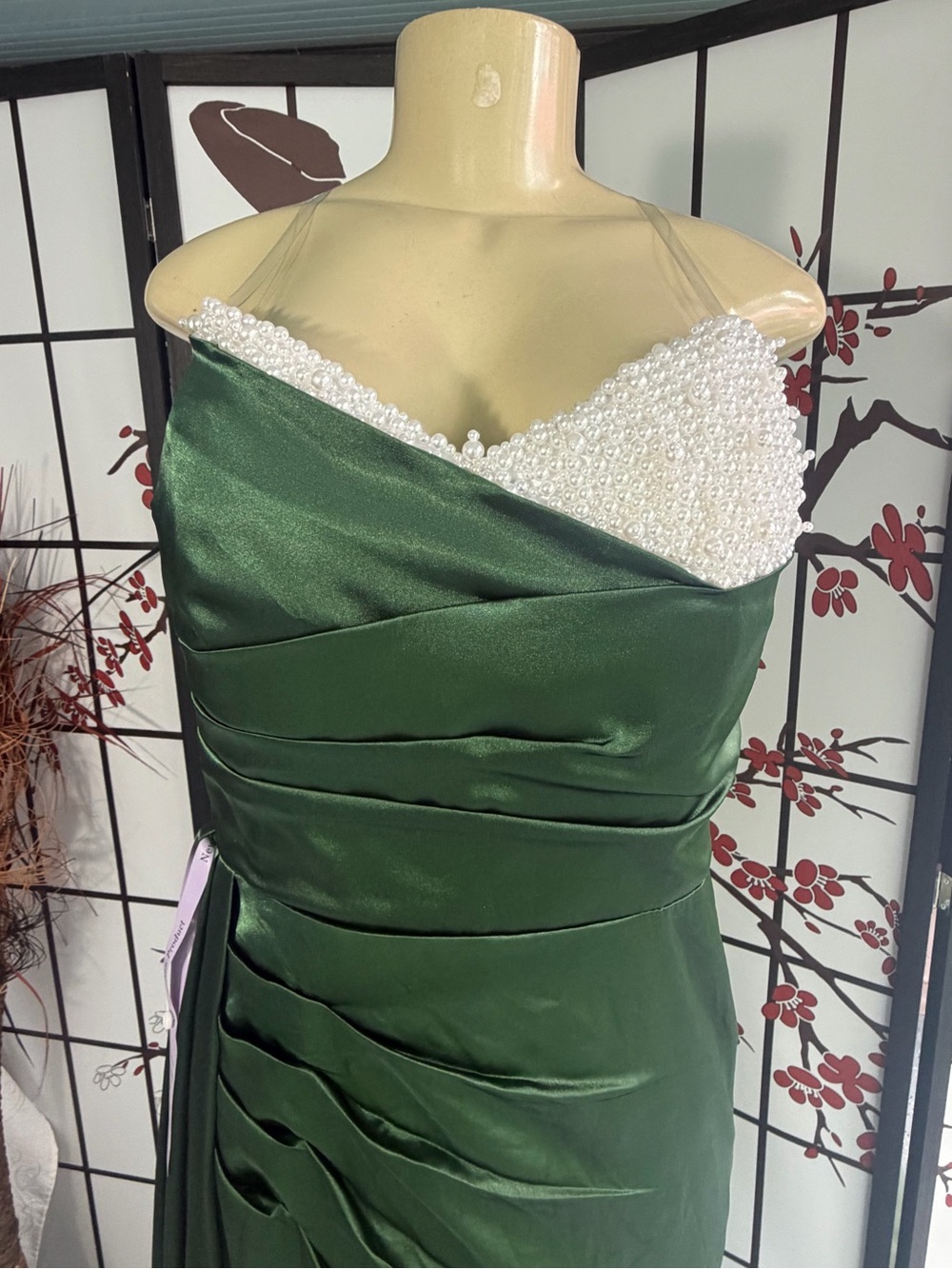 Beaded Emerald Green Satin Prom Gown - Picture 9 of 9